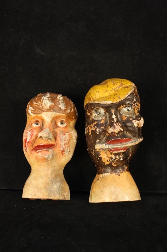 Pair Danish Antique Carved Tivoli Heads: Pair from unique collection of 14 Danish Carnival Heads. Each is hand carved and hand painted with different whimsical facial expressions. From mid 1800's gallery game at World Famous Tivoli Gardens A