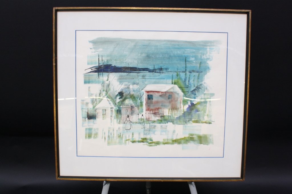 BINDSEY Set of watercolor harbor scenes: Pair of Signed harbor scenes. Minimalist style watercolors, scenes depicting houses and boats on the water soft greens and blues. Professionally framed and matted. Each measures 26 inches high by 29 i