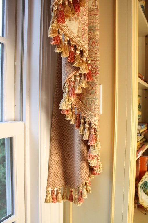 STARK FABRICS Triple Swag Jabot Curtains: Window Treatment from STARK FINE FABRICS in Elephant and Far Eastern Pattern, trips swag, lined in Complementary check pattern, and coordinating tassel trim. Cut to fit 126 inches length and 53 inch d