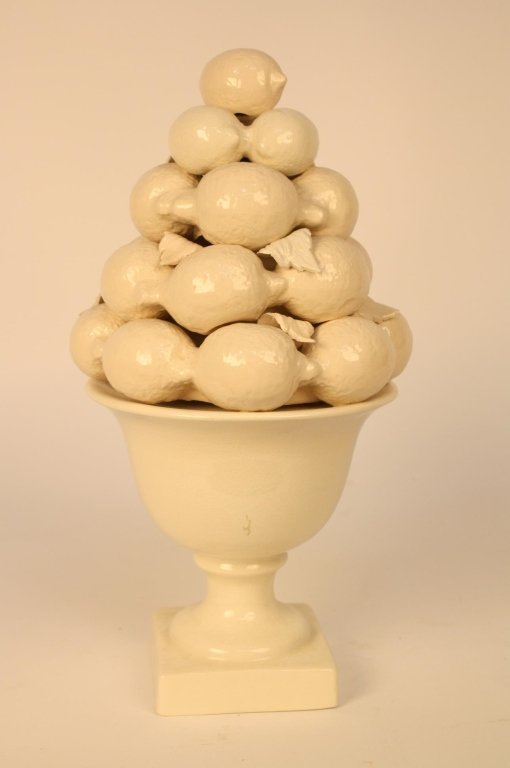 Vintage Porcelain Lemons in a Pedestal Bowl: Sculpture or Centerpiece White china glazed hand made ceramic piece of stacked lemons in an urn. Decorative. Measures 18 inches high