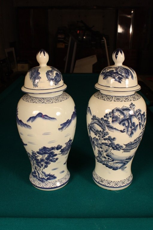 Pair Chinese painted Blue and White Ginger Jars (1 of 6)