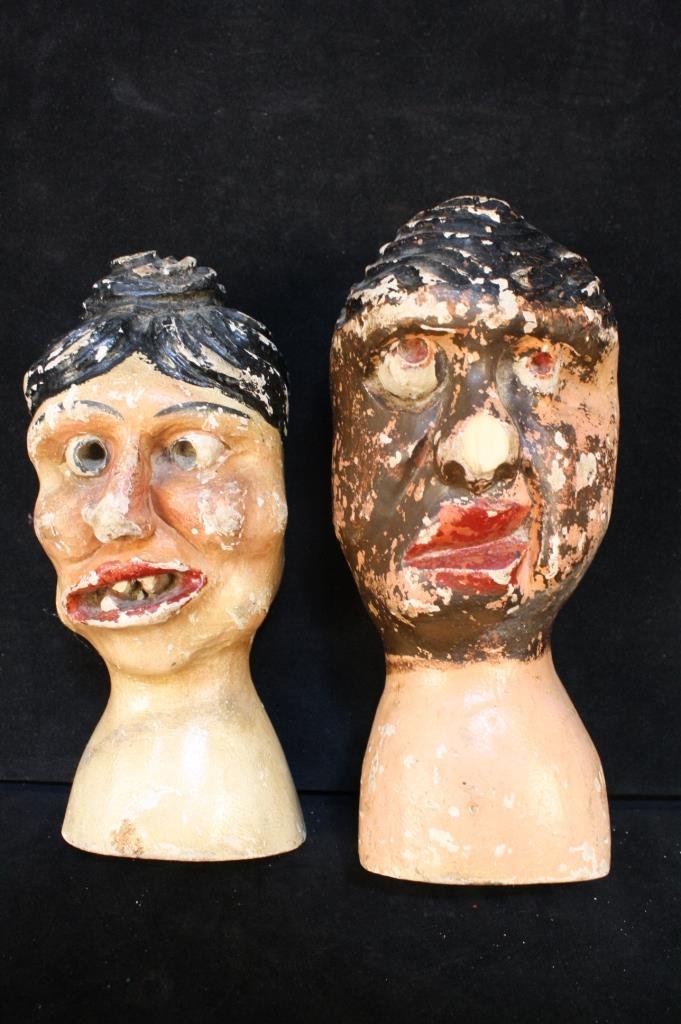 Pair antique Carved painted Carnival Game Heads: Pair from unique collection of 14 Danish Antique Tivoli Garden Heads .Each is hand carved and hand painted with different whimsical facial expressions. Character figures from mid 1800's gallery game a