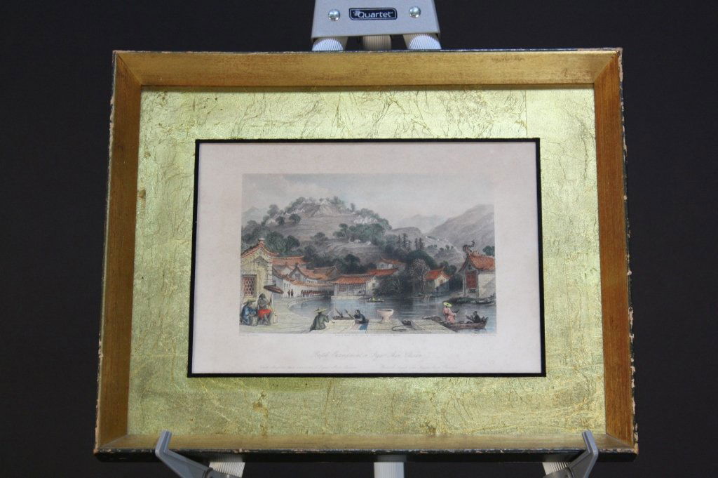 Thomas Allom Engraving of Opium Wars c. 19th c.: Antique English hand colored engraving of the Opium Wars by Thomas Allom c. 19th century. The Engraving depicts British troops encamped at Ingao Shan in Chusan. Beautiful condition with gilded frame.