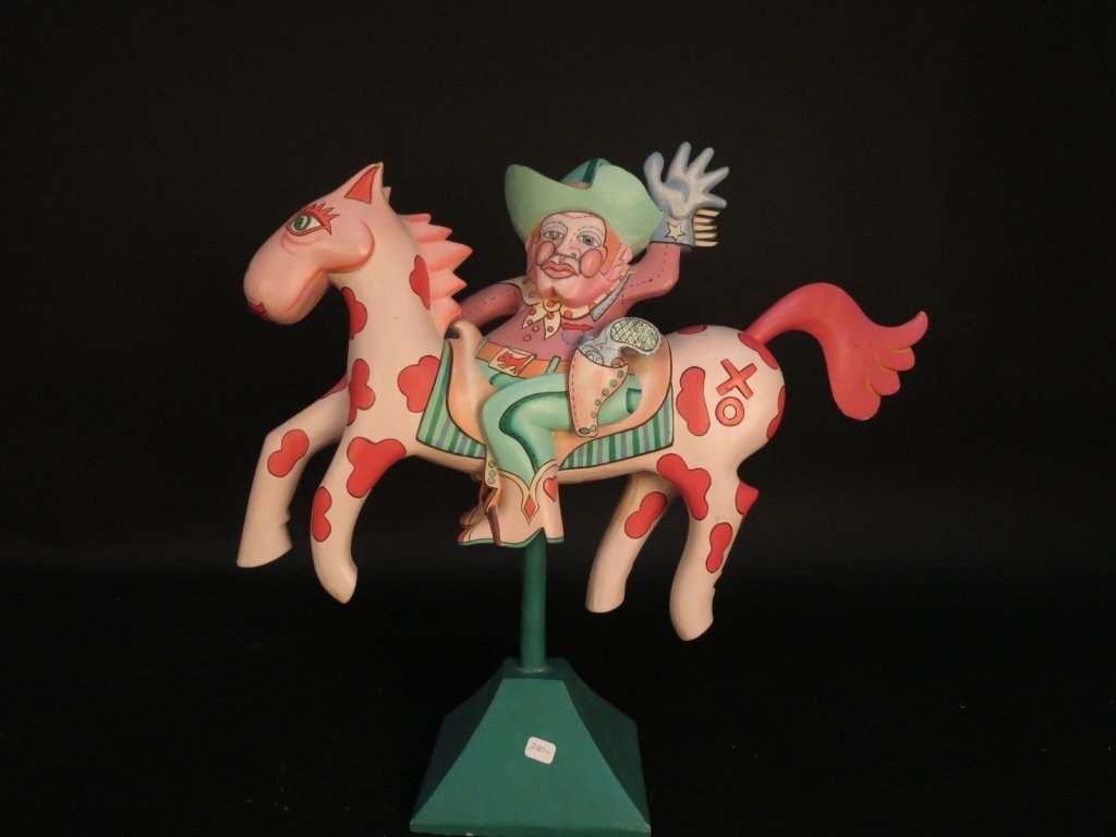 SignedWhimsical Folk Art Ceramic Artist on horse: Signed Illegibly and dated 1987. Numbered edition 39/100. Whimsical Folk art ceramic sculpture of artist on a horse. Measures 16 inches by 19 inches. Property of a Harrison Estate