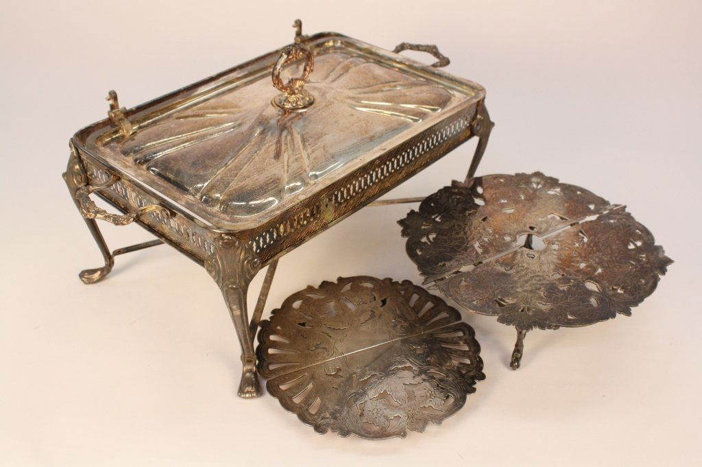 Silver plate chaffing dish and expandable trivets (1 of 7)