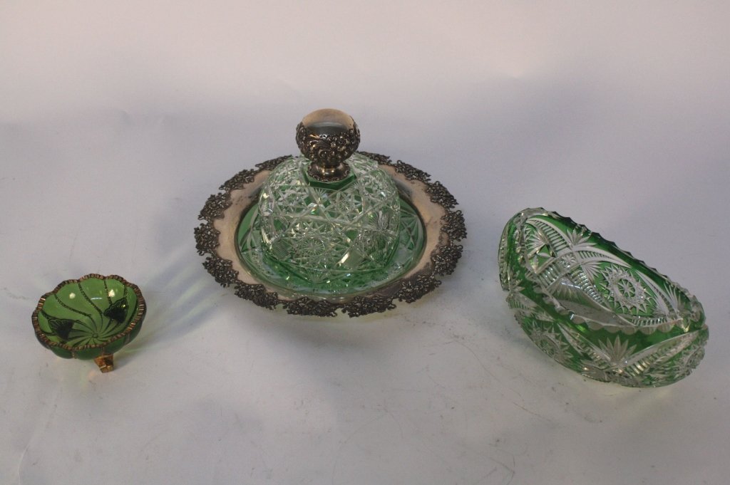 Group Lot of Antique Green Cut Crystal Serving (1 of 10)
