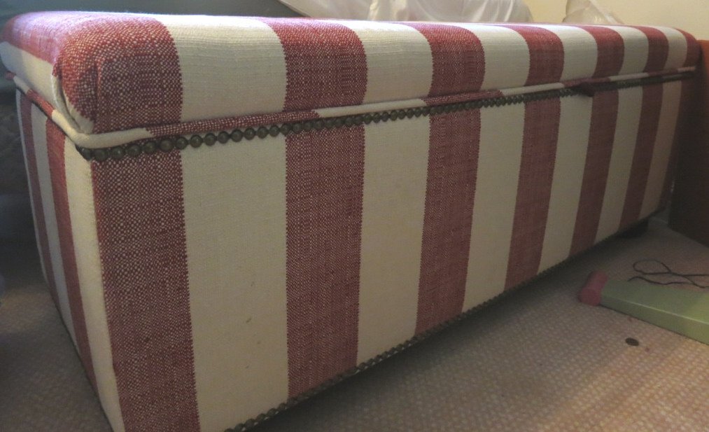 Striped fabric chest or bench: Striped fabric bench or chest or table. Great Storage. Property of Bedford Estate.