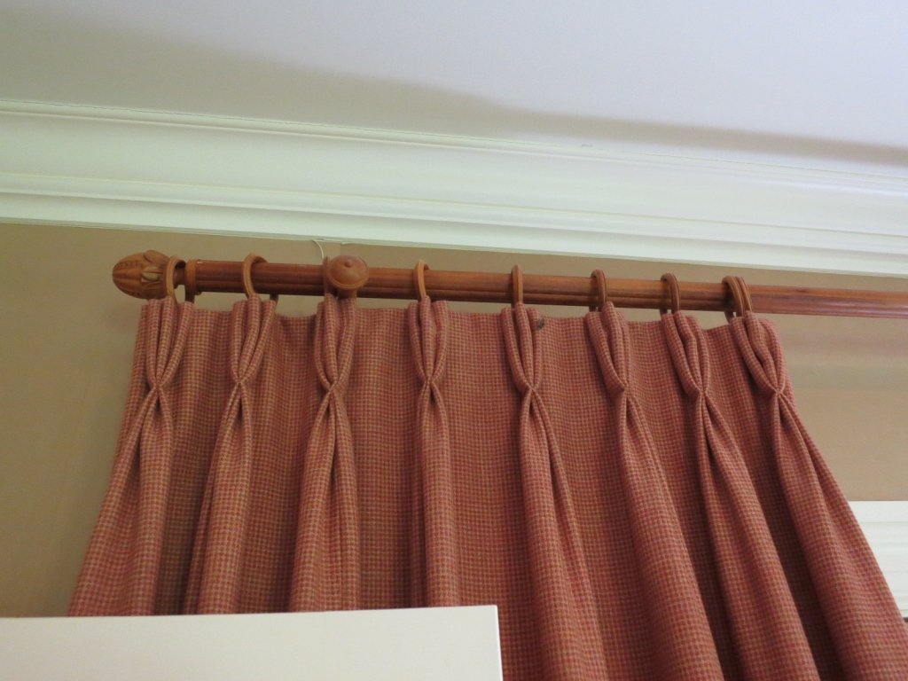 6 Custom STARK fabric Wool lined Drapes Curtains.: 6 Custom Window treatments panels in hounds tooth light maroon and gold tones, lined and interlined. Light weight wool. Each Panel measures Approximately 8 feet tall and 6 feet width. Fabric is STARK 