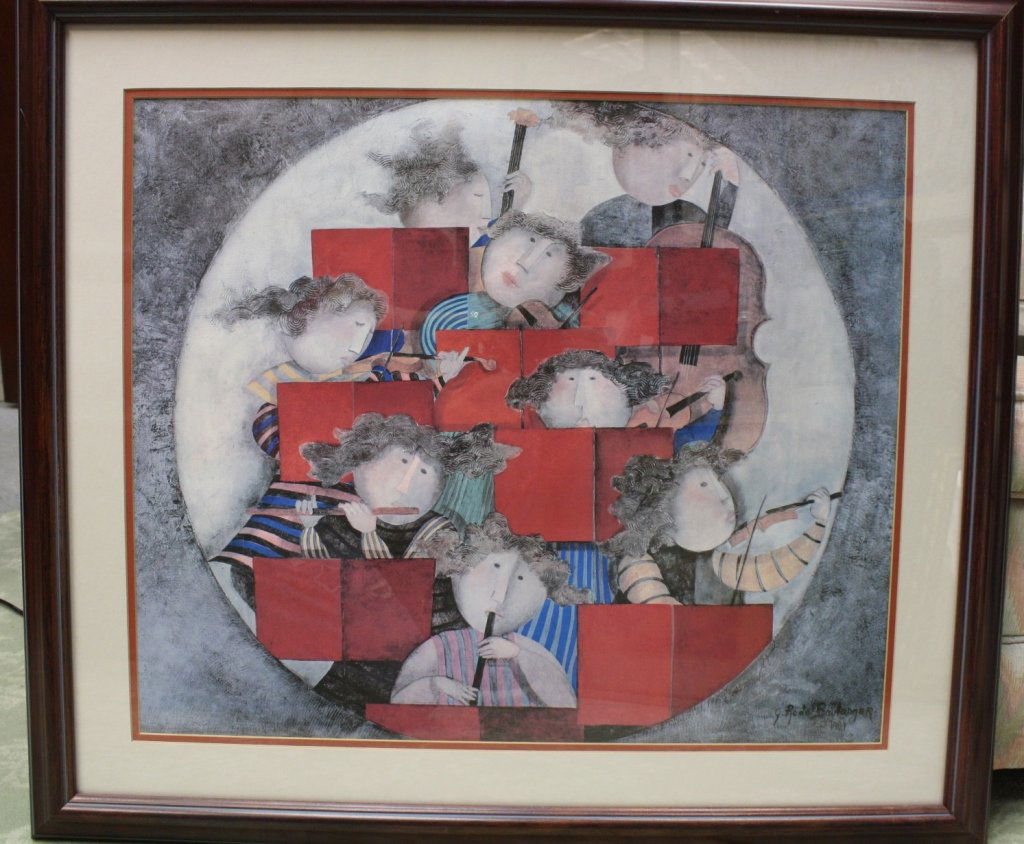 BOULANGER 1981: measure 33.5x29. Pictured Orchestra with colorful music stands. Professionally framed and double matted on blue gray ground.