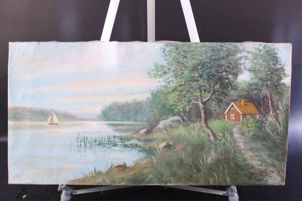 JOHN GEDIN oil on canvas 1911: Signed and dated 1911 oil on canvas, cabin in the woods by a lake, measures 32 inches by 16 inches