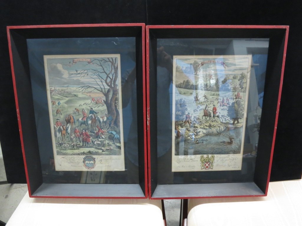 Pair of British Hunting Scenes: First, Earthing the Fox. Second, Stagg Takeing Sotle, both professionally framed and matted, red and black painted wood frame, measure 14.5 inches by 19.75 inches
