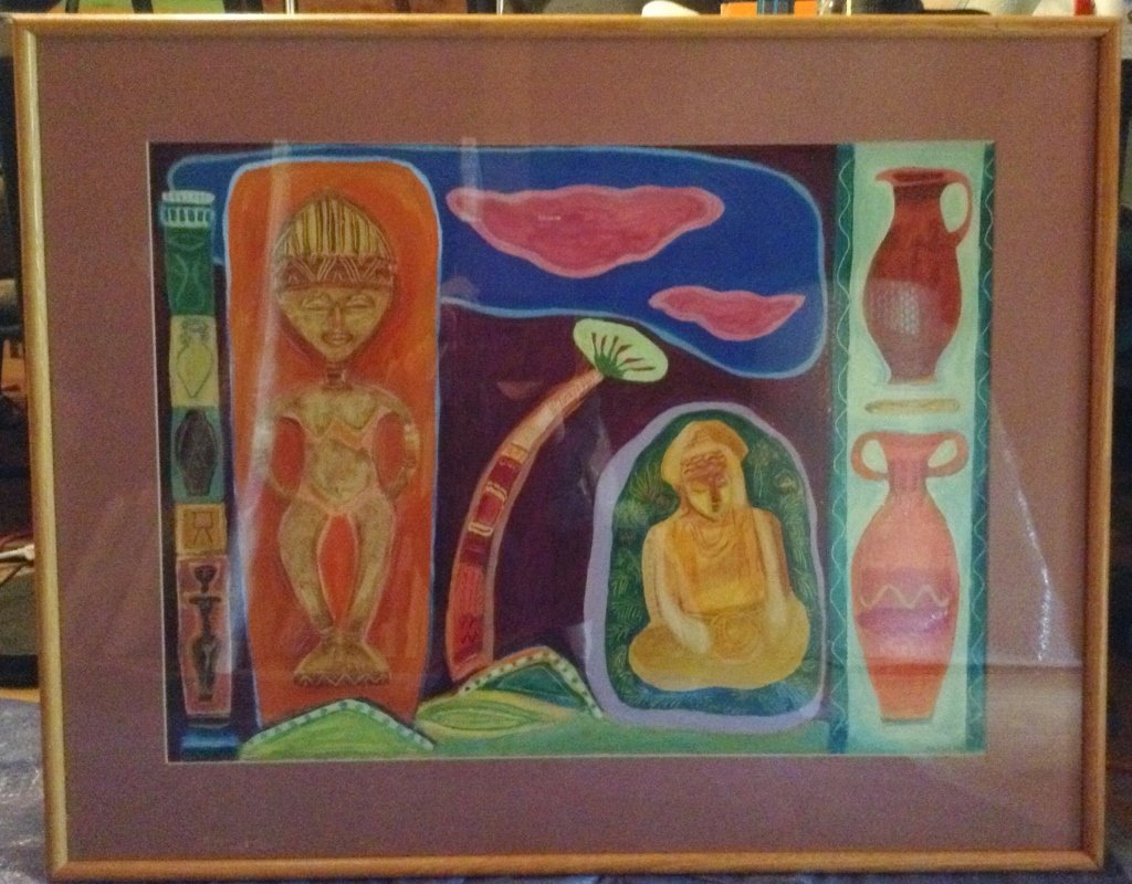 PIATKA, Naava Meditation Totem: Created 2002, Acrylic on paper, Decent condition, back of frame coming apart, small spots of debris, Mystic vessels; signed, dated, and labeled, measures 22x29 inches (30x38 inches in frame). NP-059