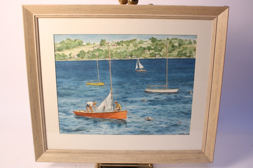 SHAFER, DON 55 signed water color Sail boat at Sea: Signed lower right, boats on the water, young couple preparing to go sailing, professionally matted, wooden frame measures 28.5 inches wide by 24 inches tall