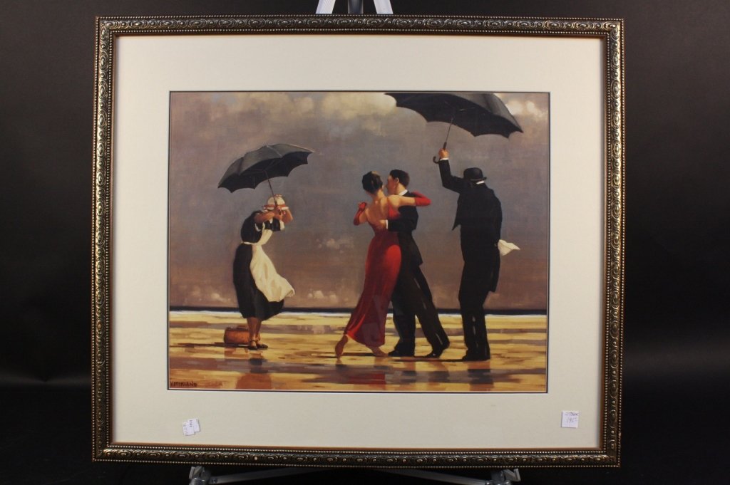 VETTRIANO Singing Butler signed: Young couple dancing in the rain with butler holding umbrella, decorated metal plated wood frame, professionally framed and matted, measure 33.5 inches by 28.5 inches
