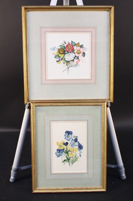 Two Original Floral Water Color: In antique gilt frames. One Signed A. Thompson, 1826. Second English School, original watercolor on paper, ca. 1830. Both from Ursus Prints, New York. Largest measures 16 inches by 13 inches. Both pro