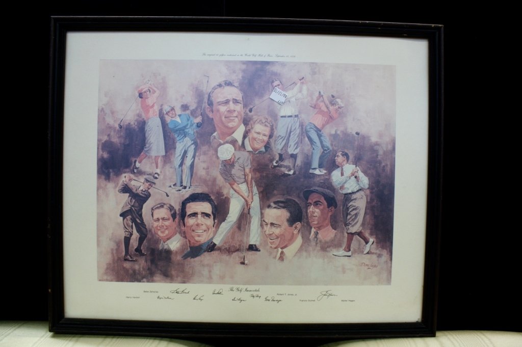 DOM LUPOThe Golf Immortals signed: The original 13 golfers enshrined in the World Golf Hall of Frame, September 11, 1974, has signatures of many of the golfers, signed by artist bottom right, wood frame, measures 21 inches by 17 inches