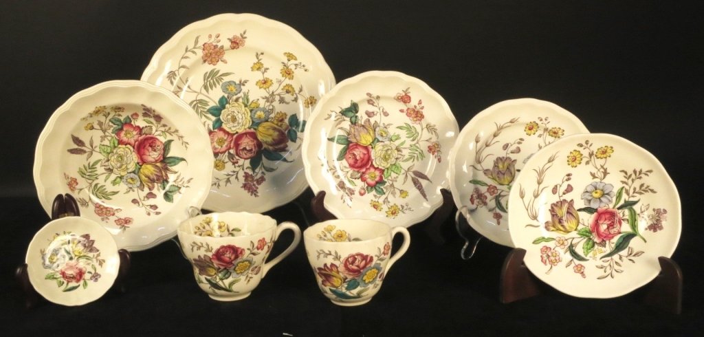 SPODE Porcelain Dinner Service: Property of Adirondack Estate .Floral Pattern , each marked and signed for pattern. Dinner plates, lunch plates, bowls, cups and saucers. Decor