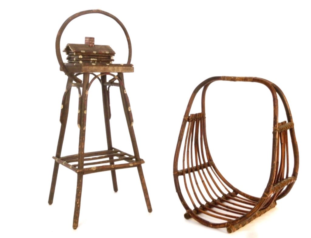 2 Adirondack Hand Made chairside pieces: One bentwood magazine holder newspaper holder or log holder. Folk art form Adirondack style, Second is a twig and log cigarette table stand with hand crafted log cabin removable roof for cigarettes, g