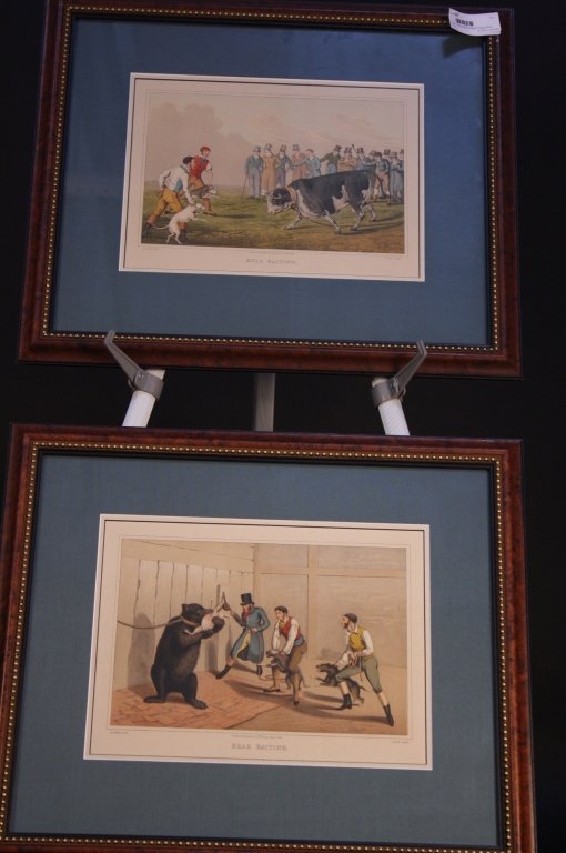 Pair of Bull & Bear Framed Vintage Prints: One title "Bull Baiting" and the other "Bear Baiting" London Published by T. McLean , Jan. 1, 1820. Both measures in frame 19 inches H x 21 inches wide. Property of A Stamford, CT Estate. Art