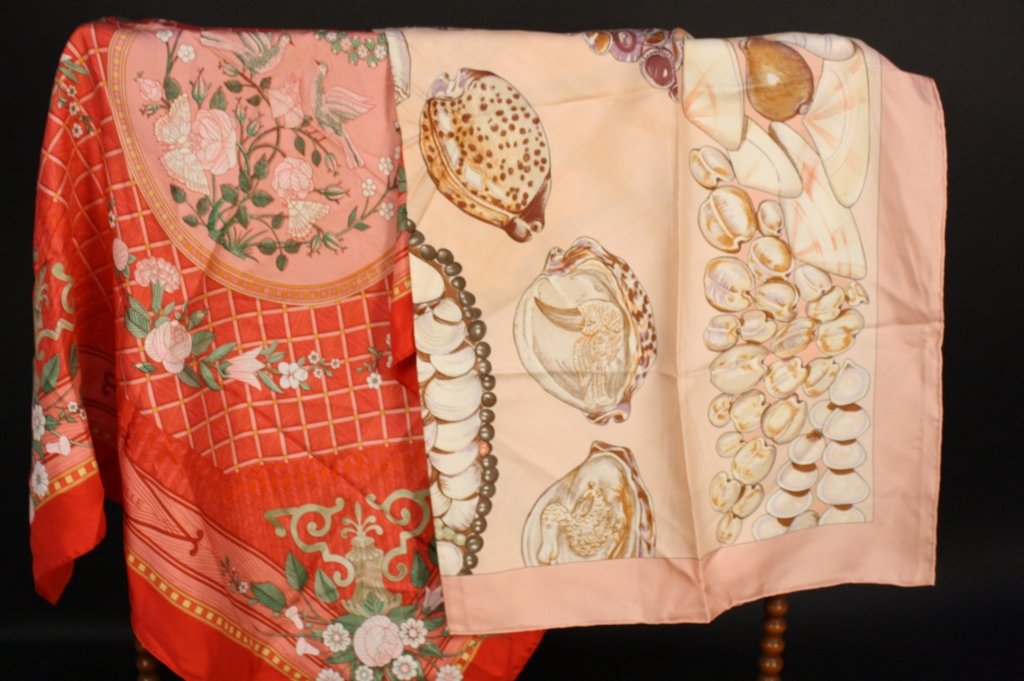 TWO Pink colorways HERMES VIntage Scarves: From a Collector of Hermes, Both signed Hermes, First Colorful seashells on Pink Back ground, with verying pink and lilac shades, Second,Vivid cherry pinks lattice design, birds Titled JEUX DE PAILLE.