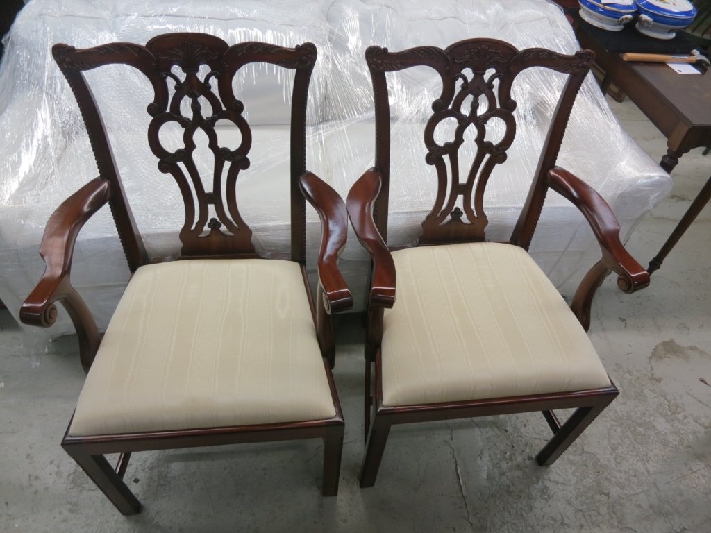 MAITLAND SMITH six Chippendale style chairs: Two upholstered arm chairs and four upholstered side chairs. Marked for Maitland SMith White seats in excellent condition. Anitque Furniture