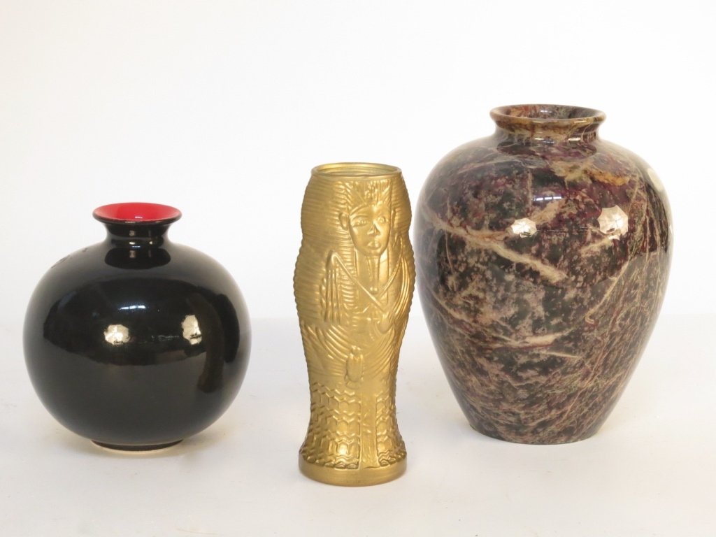 Group 3 Vases with art glass: Group of three vases hand blown glass painted gold with Egyptian motif, Black and red porcelain vase, and Stone vase in earth tones. Property of Rye Estate Decor