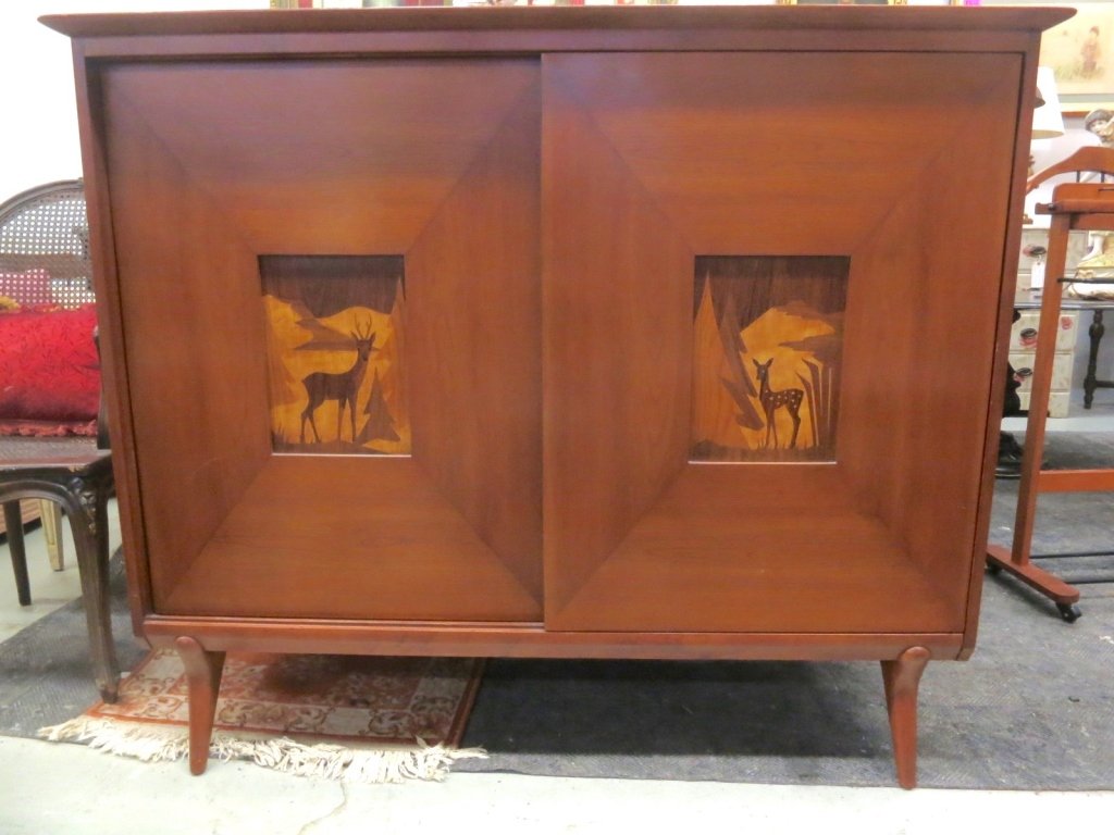 Deer Design Inlaid Cabinet Mid Century: Mid Century Modern Vintage Design Walnut Cabinet with two sliding doors and intricate inlaid designs of Deer in the woods scenes. Labeled for Johnson Handley Johnson, Grand Rapids Michigan. Measures H