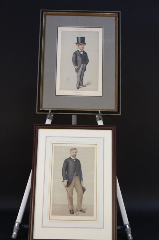VANITY FAIR two Framed Prints: Romantic Drama, dated October 13, 1904. Man fencing in riding boots holding sword measures 20 inches by 15 wide with Vanity Fair certificate at back. Gustave Eiffel, man with walking stick and glasses