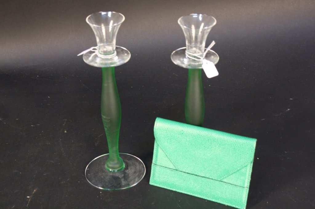 Glass and leather Green Group Lot: Pair of Green and Glass frosted candlesticks and Green Leather Folio wallet. Measures 11.5 inches high. Candlesticks signed ORREFORS Sweden Art