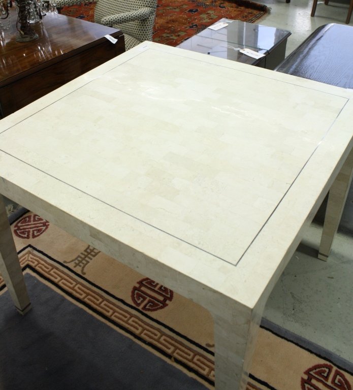 White Marble Card Table Modid Century Modern Deco: Art Deco Holly wood Regency Style Mid Century Modern Marble Game table Card Table from LORIN MARSH showroom NY D & D Building Measures 29 inches high ad three feet square. Silver inset detailing. Ligh