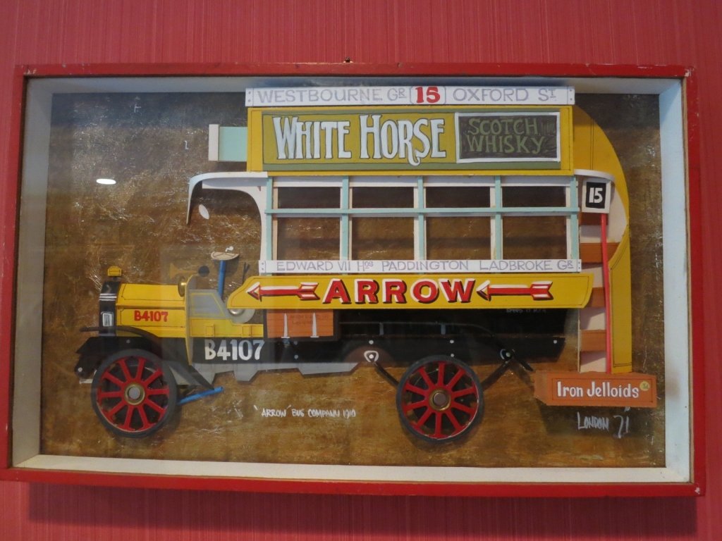 Vintage Mixed Media White Horse Advertisement: Paper and Material construction sculpture in shadow box of trolley tram with advertising on side. Vbirant Yellow and red in red frame. Americana Collectible. Property of Bedford Estate. Antiques & Col