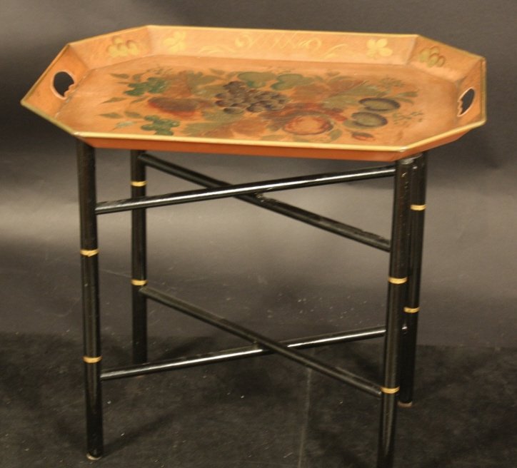Antique Tole Tray On Stand: Excellent condition Antique painted TOLE tray on stand for coffee table, side table or occasional table.. Measures 23 inches by 20 inches tray, on stand 17 inches high Property of a Greenwich Estate .