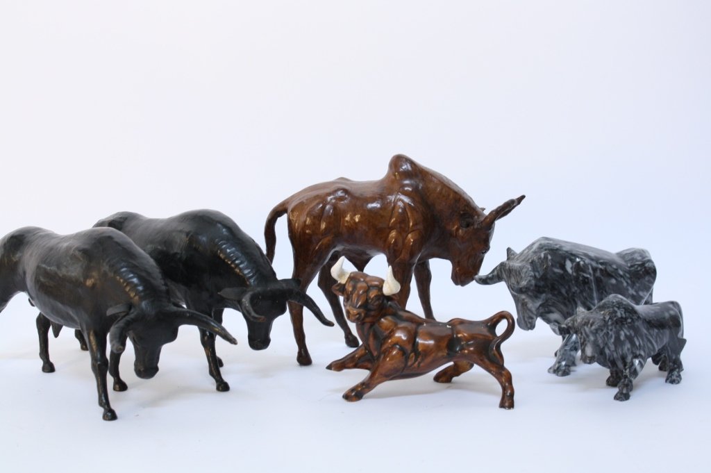 Group Lot of Leather &  Marble Carved Bull Figures (1 of 4)