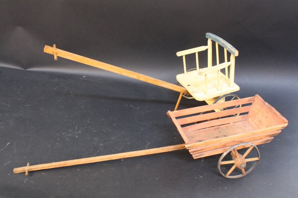 2 ANTIQUE Wooden Pull toys Collectibles: 2 antique hand made wooden pull toys. Original Paint yellow chair and orange red wagon. First measures 27 inches length by ten inches, second 13 inches by 7 inches.