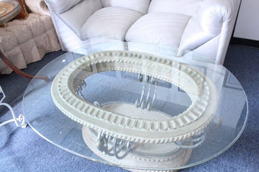 Oval glass iron and  composite coffee table (1 of 4)
