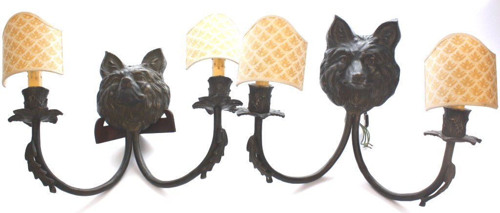 Pair of Wolf Form Sconces with Scalloped Shades (1 of 6)
