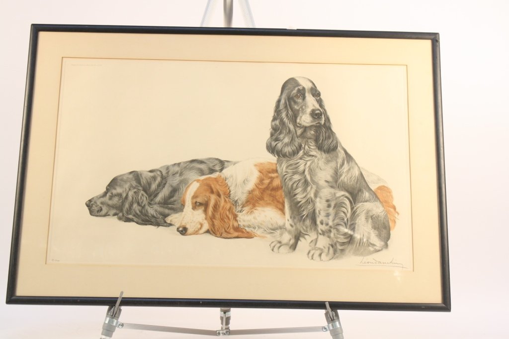 LEON DACHINY signed Lithograph: Lithograph, three Spaniels, signed and numbered, n. 39 of 500, professionally framed and matted, black painted wood frame, measures 40 inches by 27 inches