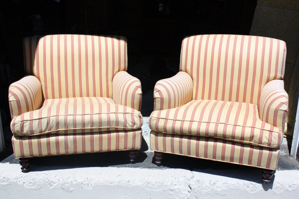 Pair of Red and Gold Striped Upholstery Arm Chairs (1 of 7)