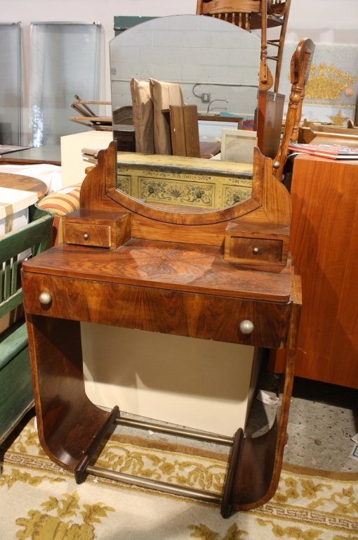 Art Deco Rosewood Vantiy Desk with Mirror: Art Deco Rosewood Vanity with attached mirror and drawers. Measures 64 inches by 33 inches by 18 inches.