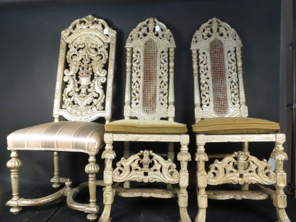 3 Antique Carved Silvered Tall back Chairs C.1850' (1 of 10)