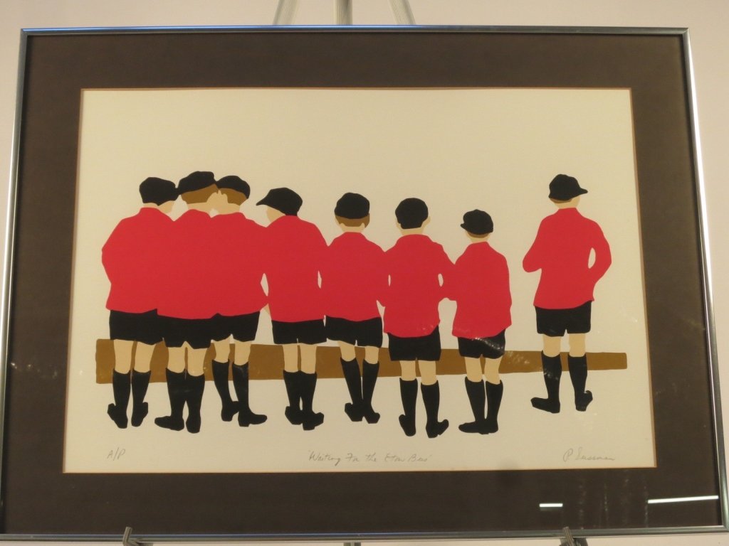P. SUSSMAN "Waiting for the Eton Bus" Artist proof: P. SUSSMAN "Waiting for the Eton Bus" Artist proof lithograph. Signed, numbered, marked, professionally framed and matted. School boys waiting for bus. Measures 24 inches high by 32 inches wide.