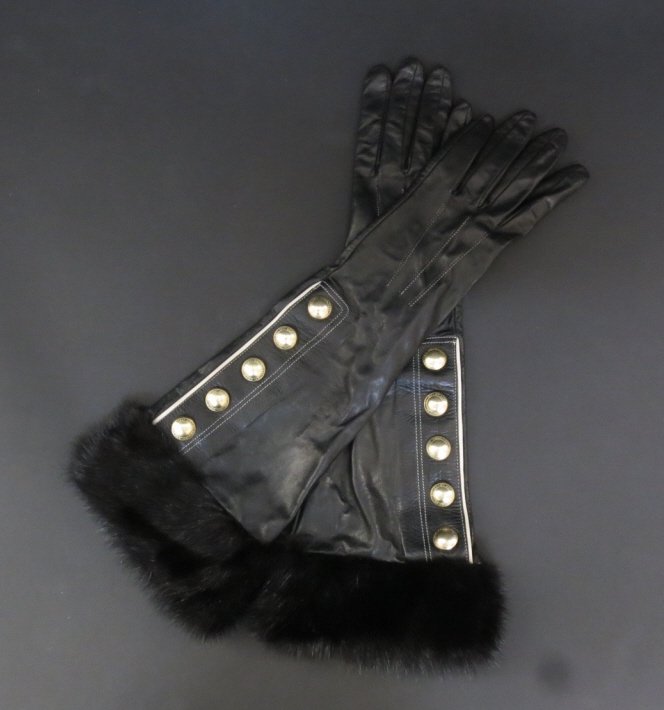 Black Leather COACH Gloves Mink Cuffs Brass Button (1 of 3)