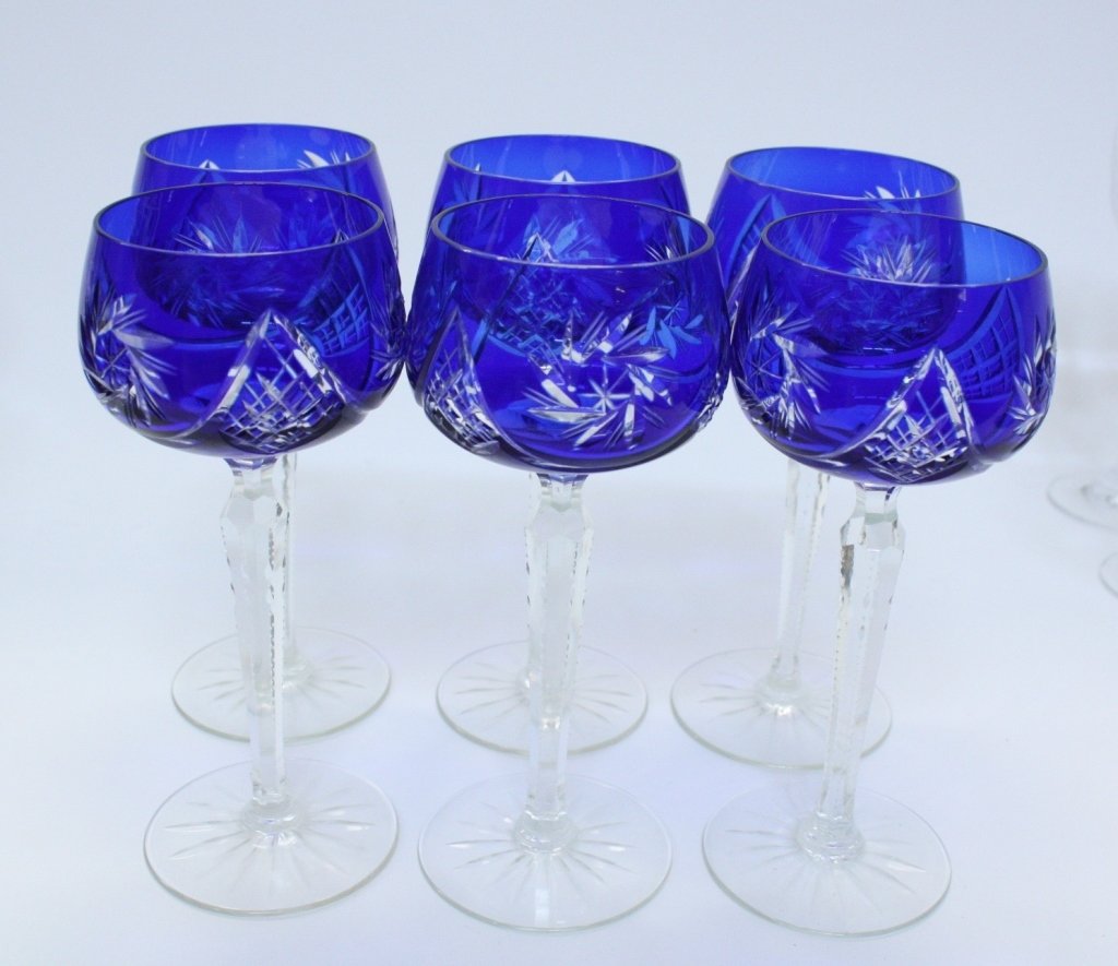 Six Blue Bohemian Cut Glass Goblets (1 of 8)
