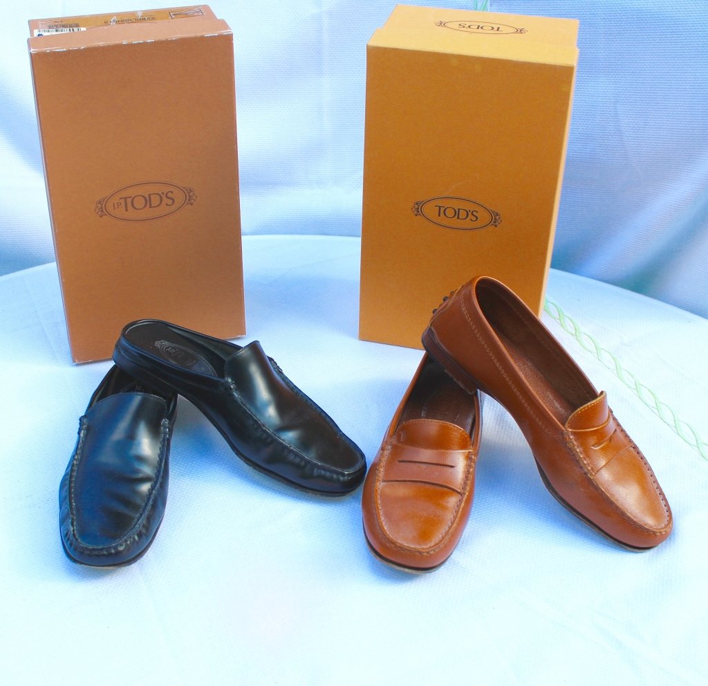 Two Pairs J.P. TODDS Leather Foot Wear: First black leather slides some ware to bottom only very good condition size 7.5 original box, second lite tan textured leather penny loafer style slight ware to bottom only very good condition with o