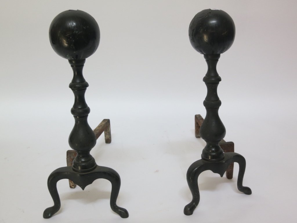 Set of Round Head Andirons with Cabriole Feet: Wrought iron painted black 18H 21D and 7 inches wide.