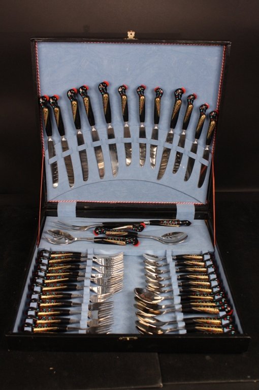 BEKKA VALLEY LEBANESE Silverware Serving Set: Hand Carved and Painted serving set for 12. Each piece intricately carved birds with bronze inlay for wings and hand painted. Include 12 knives, 12 forks, 12 spoons, two serving spoons and a tine fork