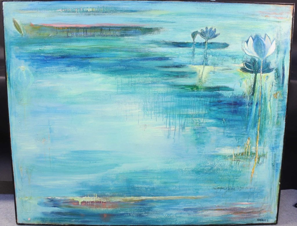 PIATKA, Naava Ode to Monet: Created 2001-2002, Acrylic on Canvas, Good condition, Waterscape; signed and dated; label on back of canvas lists title as "Bali Waters", measures 50x45x3.5. NP-017