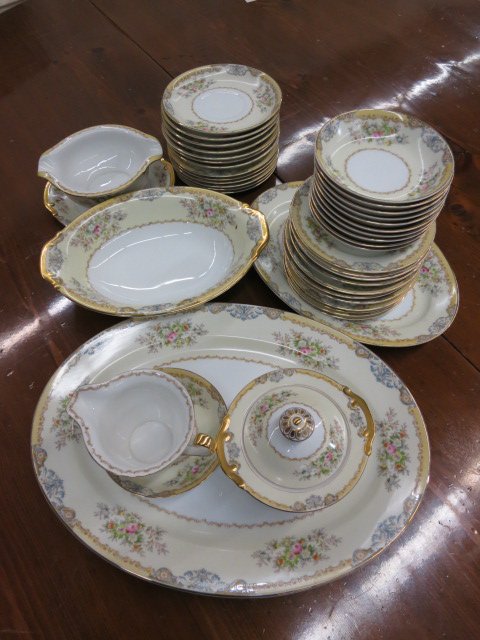 Meito Langdon China Service: Includes 11 dinner plates, 12 square salad plates, 11 small bowls, 12 soup bowls with handles, 12 plates for soup bowls, 12 bread plates, 16 cups, 18 saucers, 1 sugar bowl 1 creamer 1 small serving pl