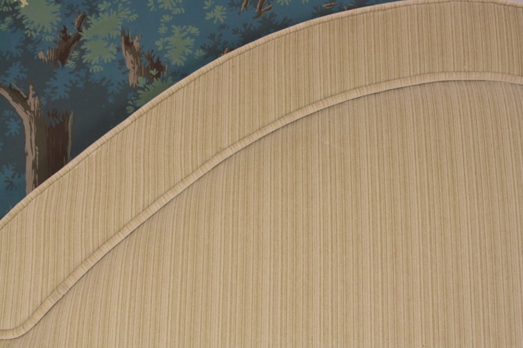 Custom Velvet Strie King Headboard: Custom Designed and constructed velvet covered King headboard. Very Good Condition. Measures 73 inches high 82 inches across. Has 4 inch self welt border. Property of Rowayton Conn Desingers Estate