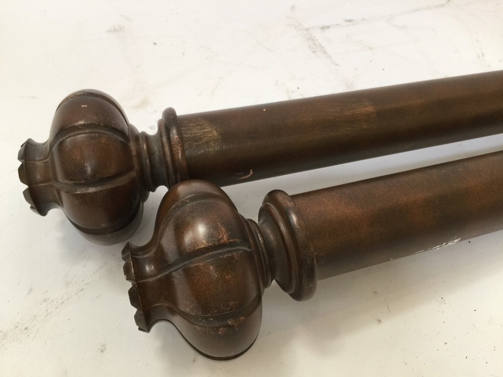 Floral Final Wood Curtain Rod: Distressed finish in mahogany wood. Assembled the single rod measures 10 feet 4 inches.